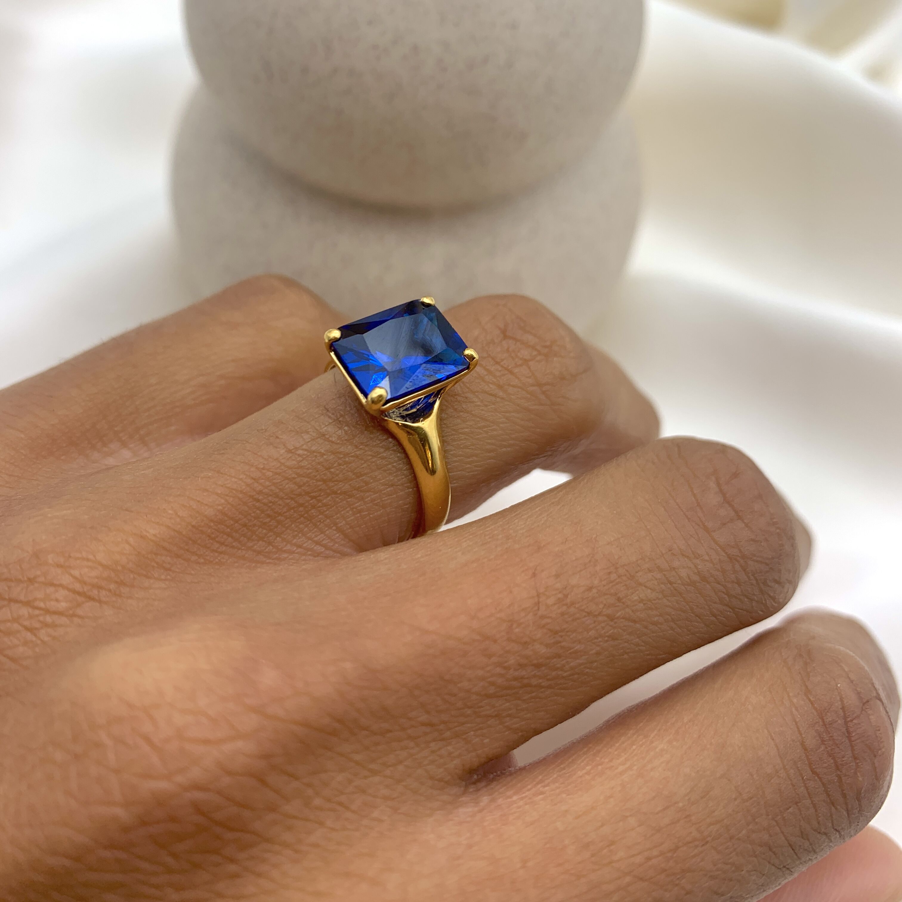 Sapphire and Gold Vermeil Ring featuring Baguette Created Blue Sapphire, perfect birthday gift symbolizing loyalty.