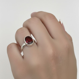 925 Sterling Silver Ruby Ring with Oval Created Red Ruby, bezel setting, perfect gift for July birthdays and special occasions.