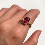 Elegant 18k gold vermeil ring featuring a sparkling oval created red ruby, perfect for birthdays and special occasions.