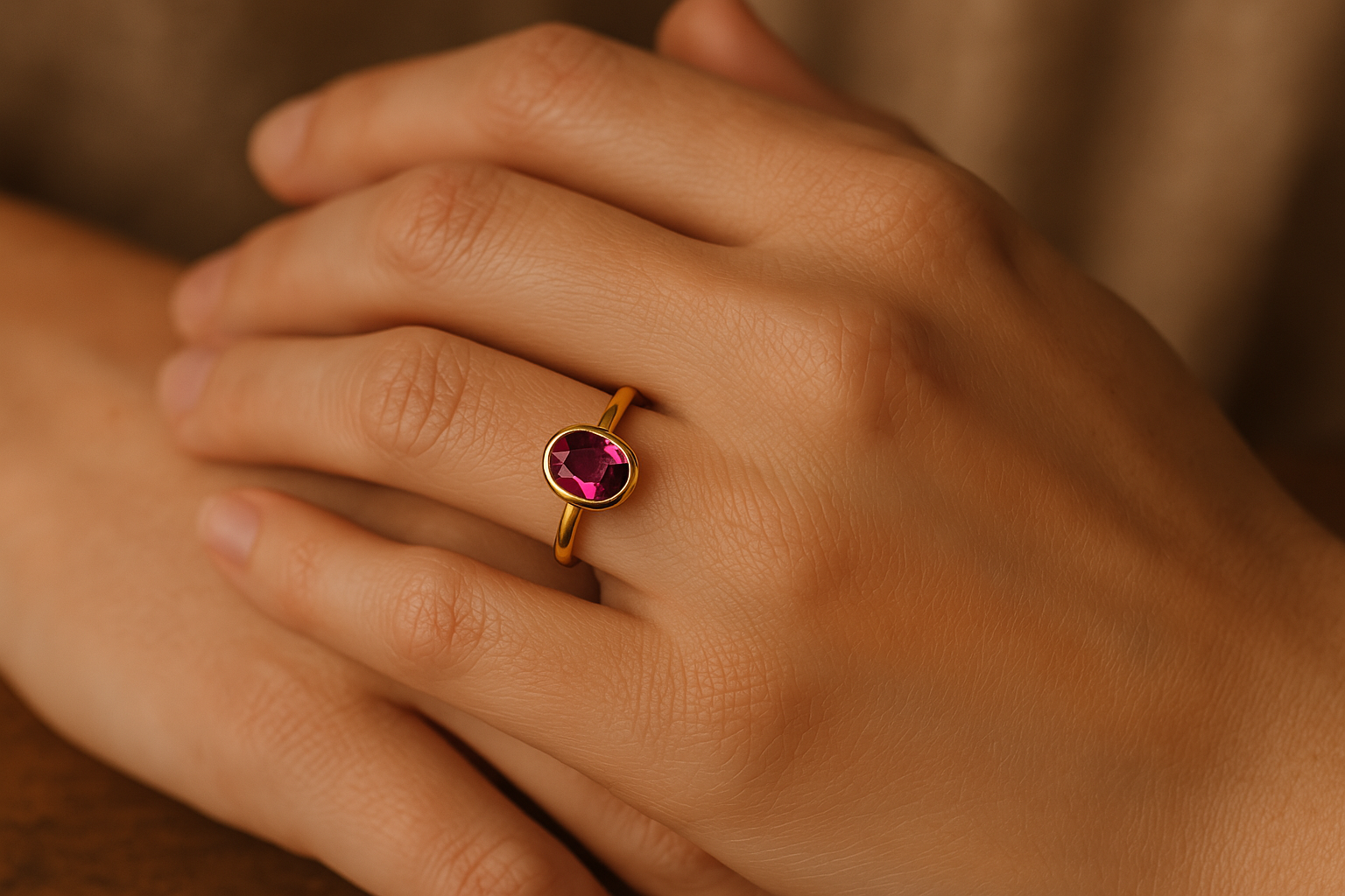 Created Ruby Ring made in 18k Gold Vermeil with Oval Created Red Ruby in Bezel setting, July Birthstone gift idea, symbolizes nobility, purity, and passion, ideal for everyday wear and perfect for birthday gifting and special occasions.