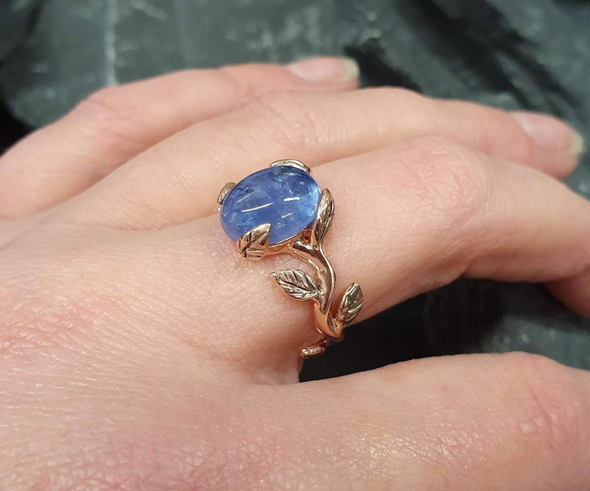 Tanzanite Ring, Rose Gold Ring, Natural Tanzanite, December Ring, Gold Leaf Ring, Gold Vintage Ring, Unique Stone Ring, Solid Silver Ring