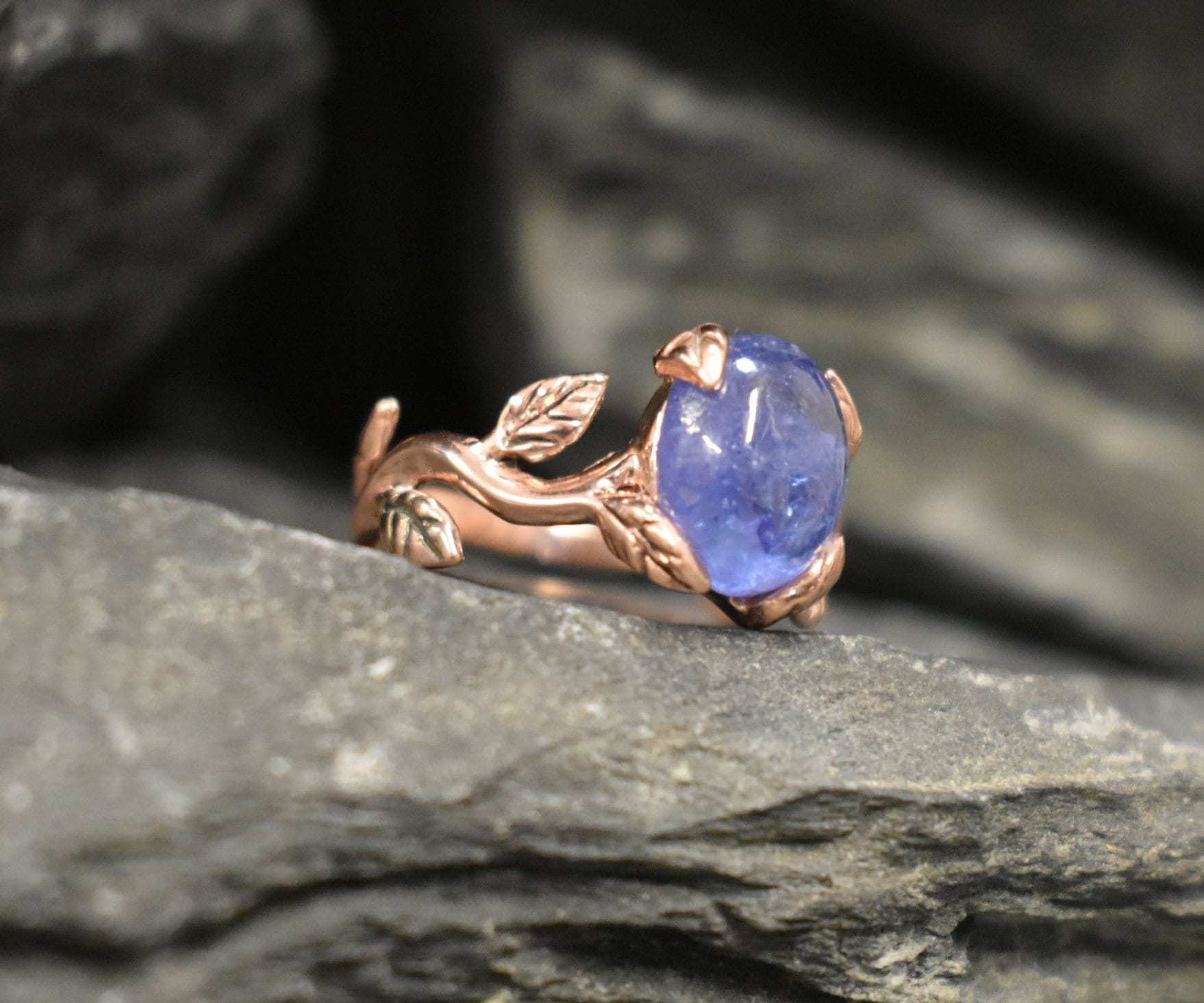Tanzanite Ring, Rose Gold Ring, Natural Tanzanite, December Ring, Gold Leaf Ring, Gold Vintage Ring, Unique Stone Ring, Solid Silver Ring
