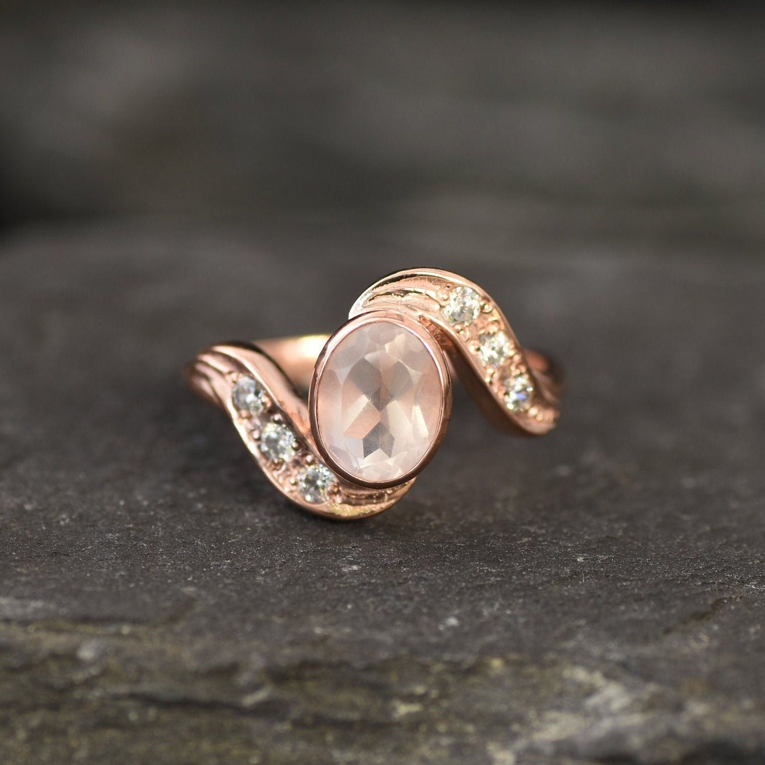 Rose Gold Ring, Natural Rose Quartz, Antique Ring, January Birthstone, Vintage Ring, Bypass Band, Pink Ring, Gold Plated Ring, Vermeil Ring