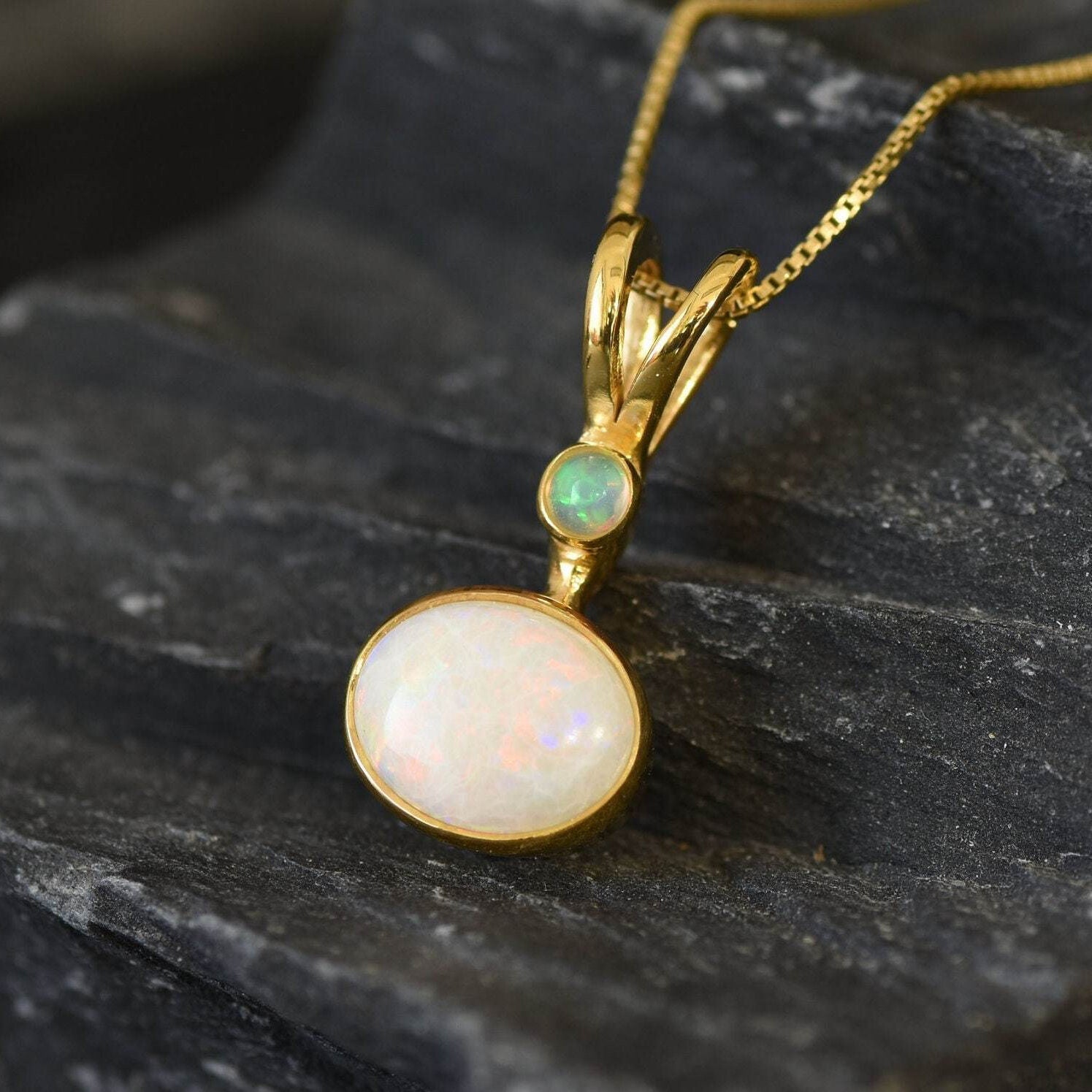 Elegant 18k Gold Vermeil Natural Australian Opal Pendant, showcasing purity and hope—perfect gift for October birthdays.