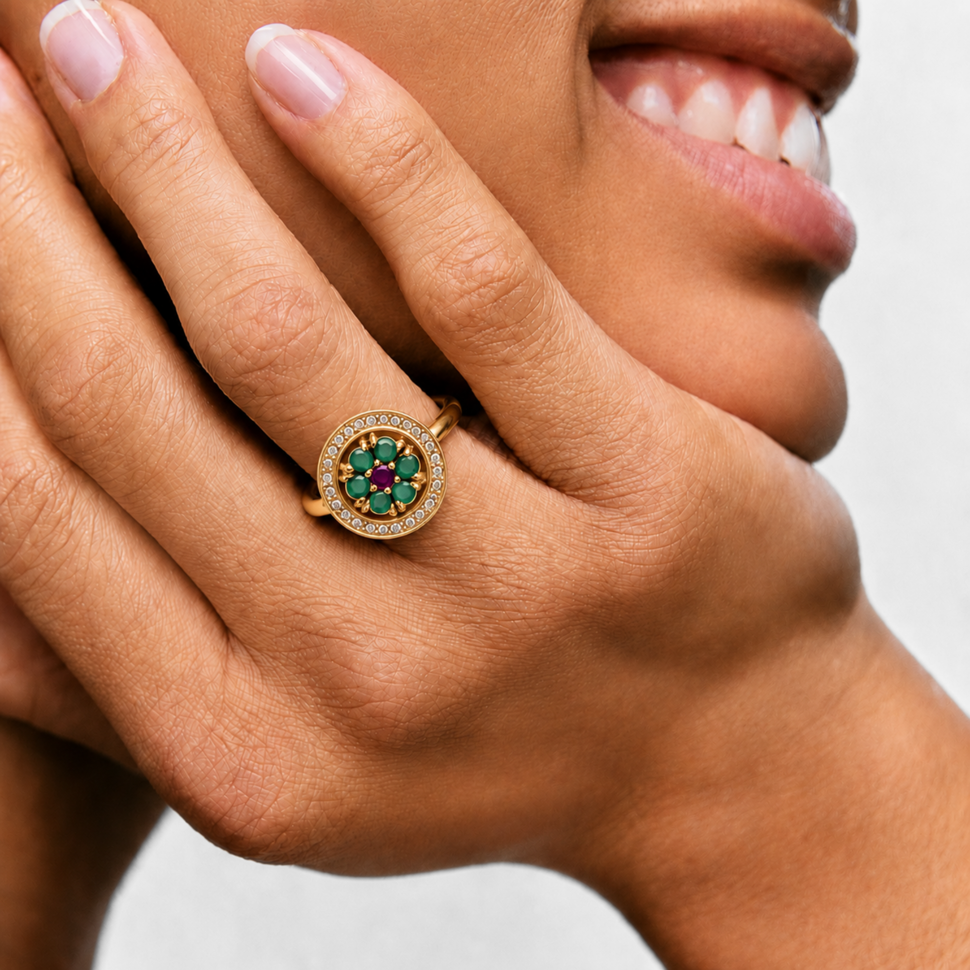 Elegant 18k Gold Vermeil Natural Emerald Ring with Halo setting, perfect for May birthdays and meaningful gifting.
