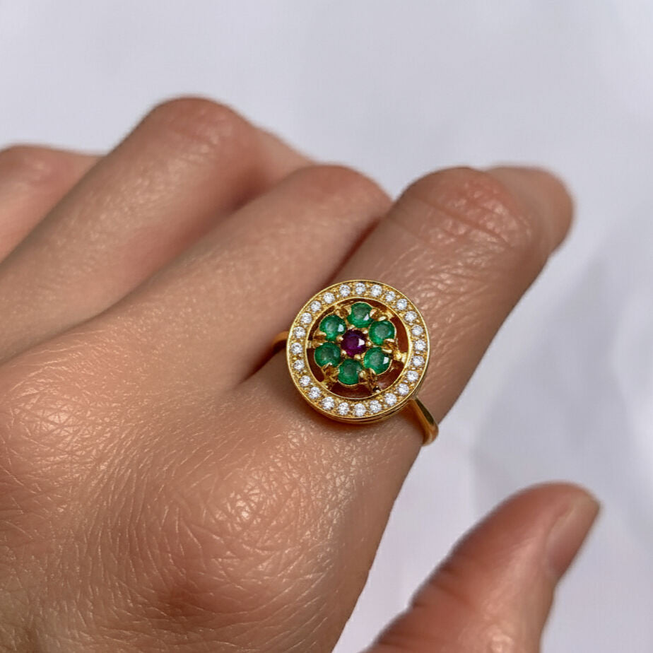 Elegant 18k Gold Vermeil Natural Emerald Ring with Halo setting, perfect for May birthdays and meaningful gifting.