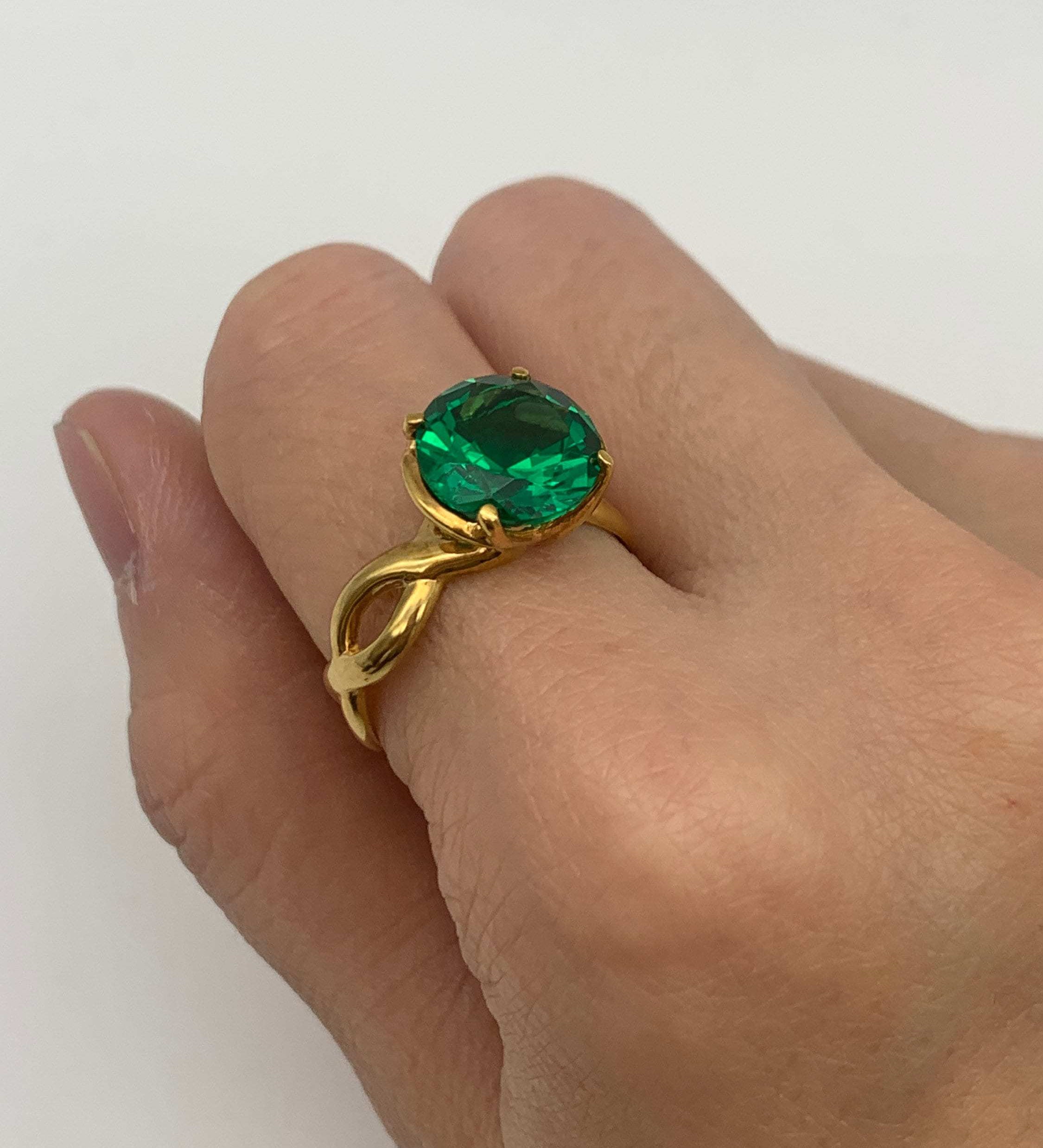 Elegant 18k Gold Vermeil ring featuring a Round Created Green Emerald, perfect for May birthdays and special occasions.