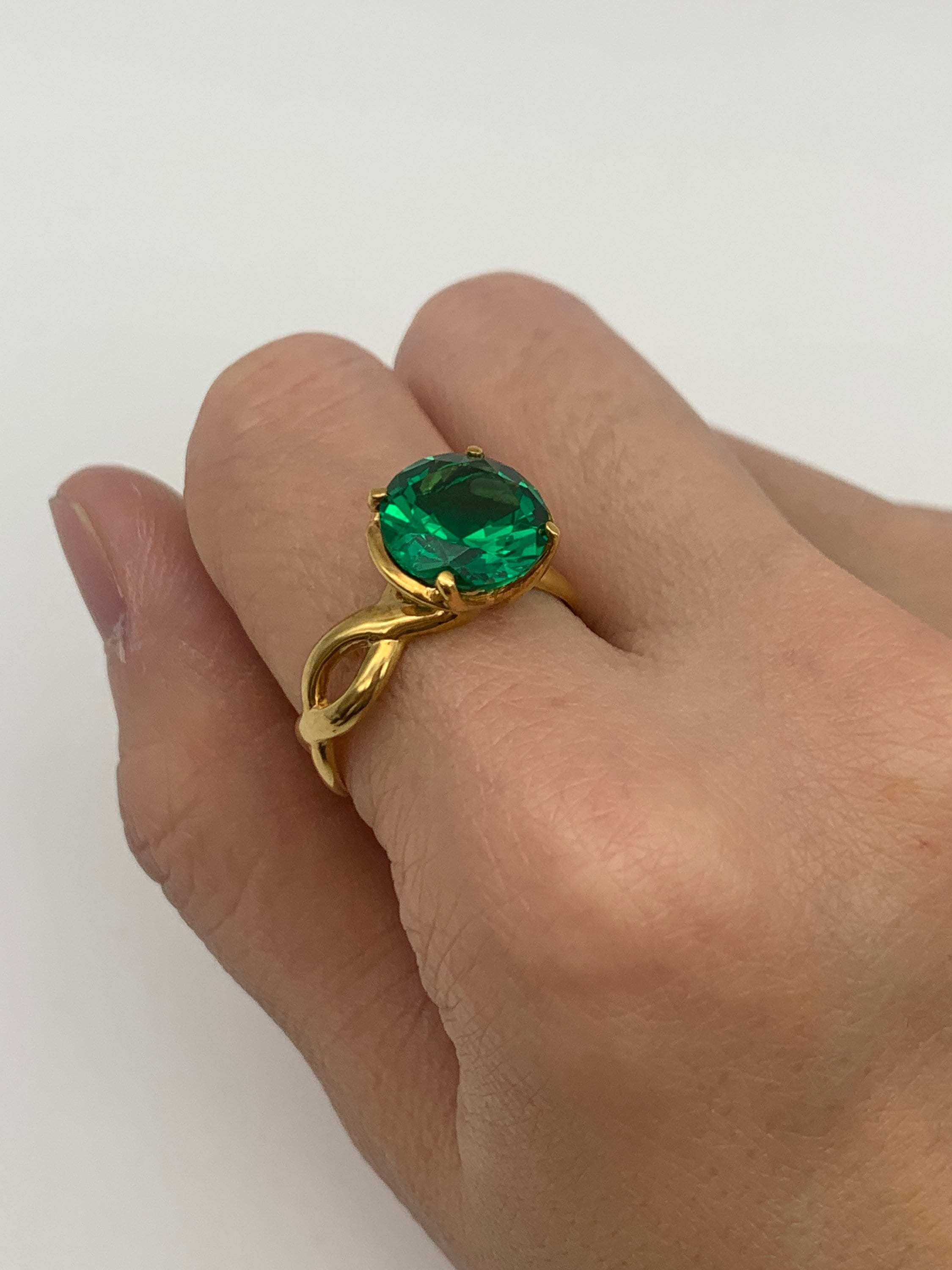Elegant 18k Gold Vermeil ring featuring a Round Created Green Emerald, perfect for May birthdays and special occasions.