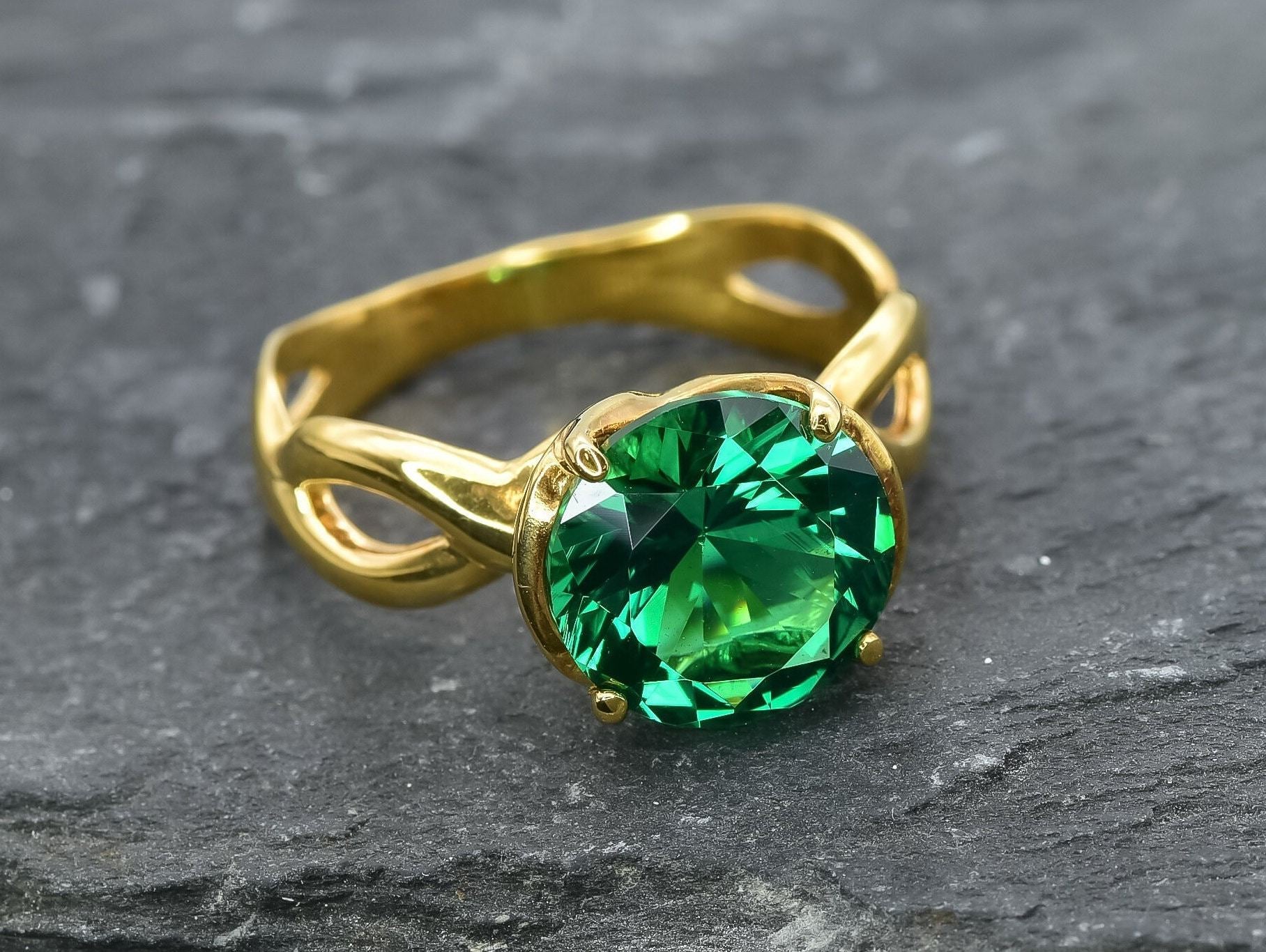 Created Emerald Ring made in 18k Gold Vermeil with Round Created Green Emerald in Prong setting, May Birthstone gift idea, symbolizes, ideal for everyday wear and perfect for birthday gifting and special occasions.