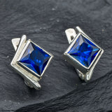 Sapphire Square Earrings- Princess Cut Earrings - Blue Gemstone Studs