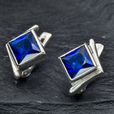 Sapphire Square Earrings- Princess Cut Earrings - Blue Gemstone Studs