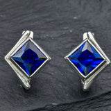 Gold Sapphire Earrings - Blue Square Earrings - Vintage Asymmetric Studs