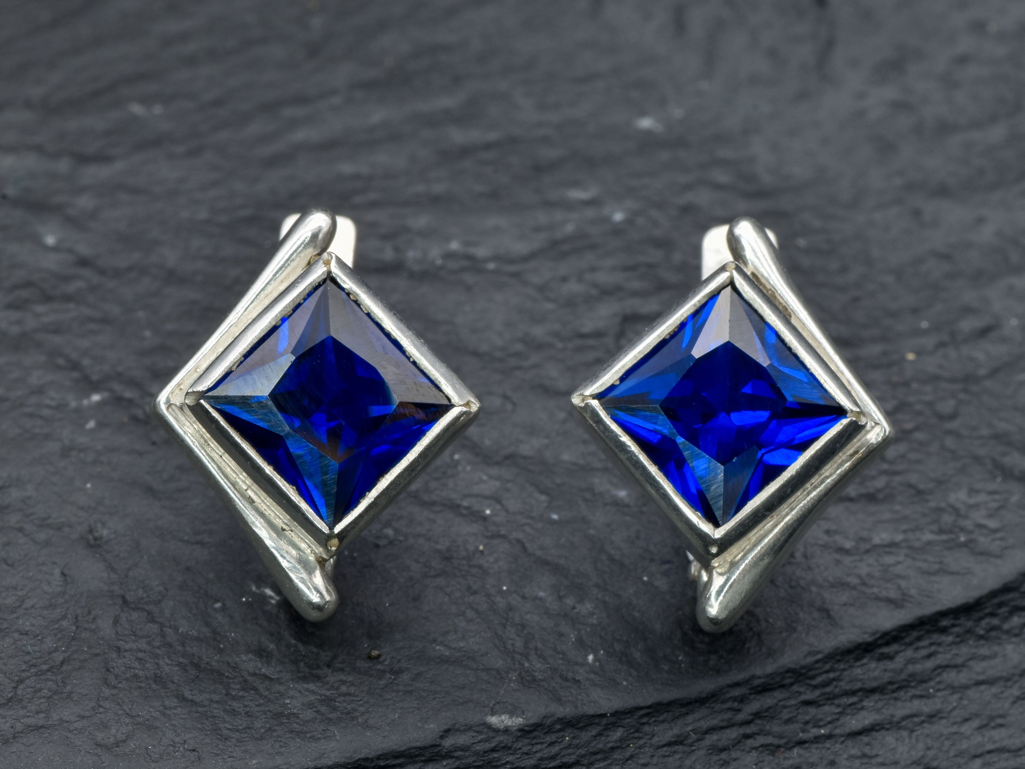Gold Sapphire Earrings - Blue Square Earrings - Vintage Asymmetric Studs