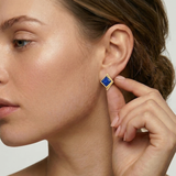 Gold Sapphire Earrings - Blue Square Earrings - Vintage Asymmetric Studs