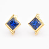 Gold Sapphire Earrings - Blue Square Earrings - Vintage Asymmetric Studs
