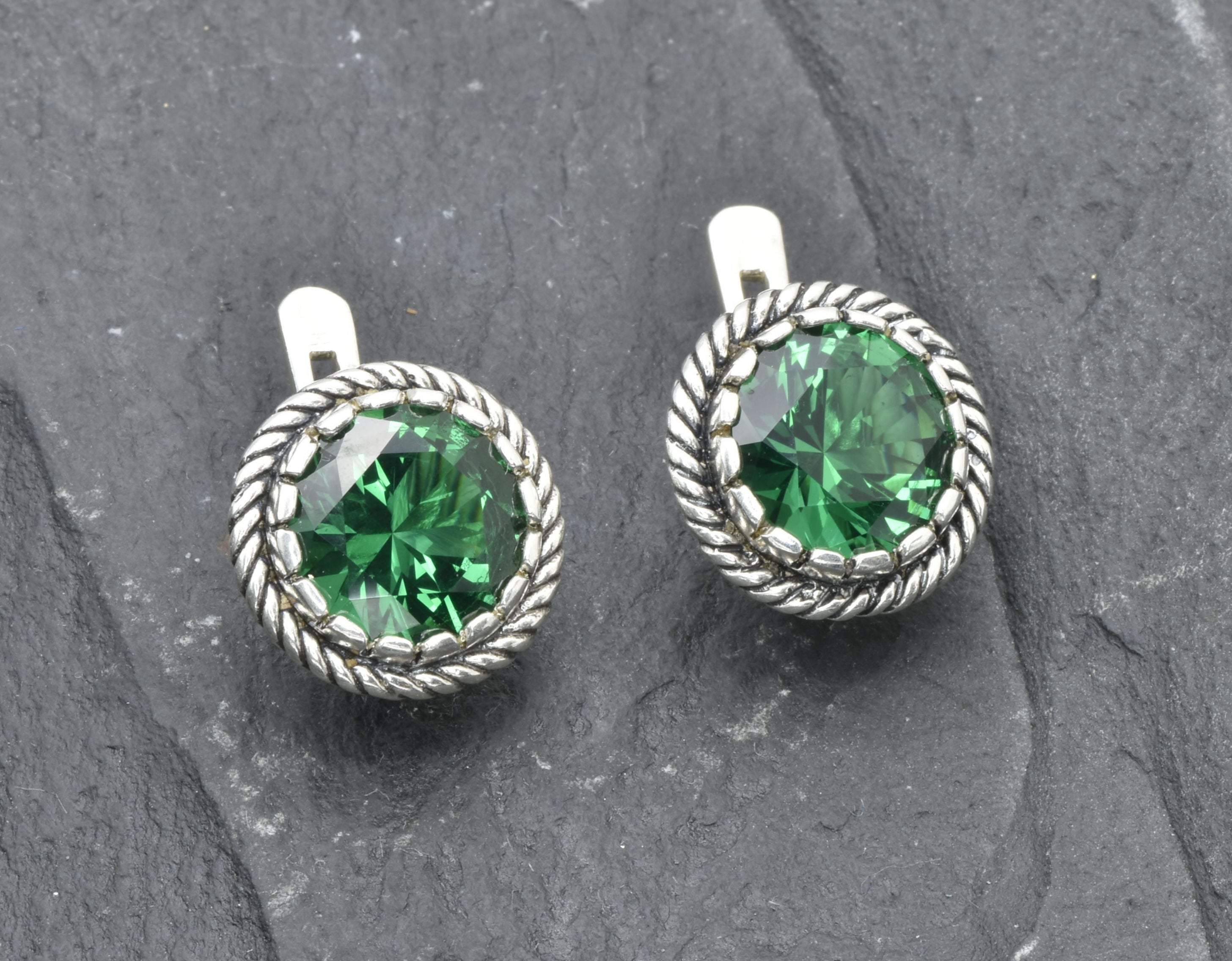 Created Emerald Earrings made in 925 Sterling Silver with Round Created Green Emerald in Prong setting, May Birthstone gift idea, symbolizes, ideal for everyday wear and perfect for birthday gifting and special occasions.