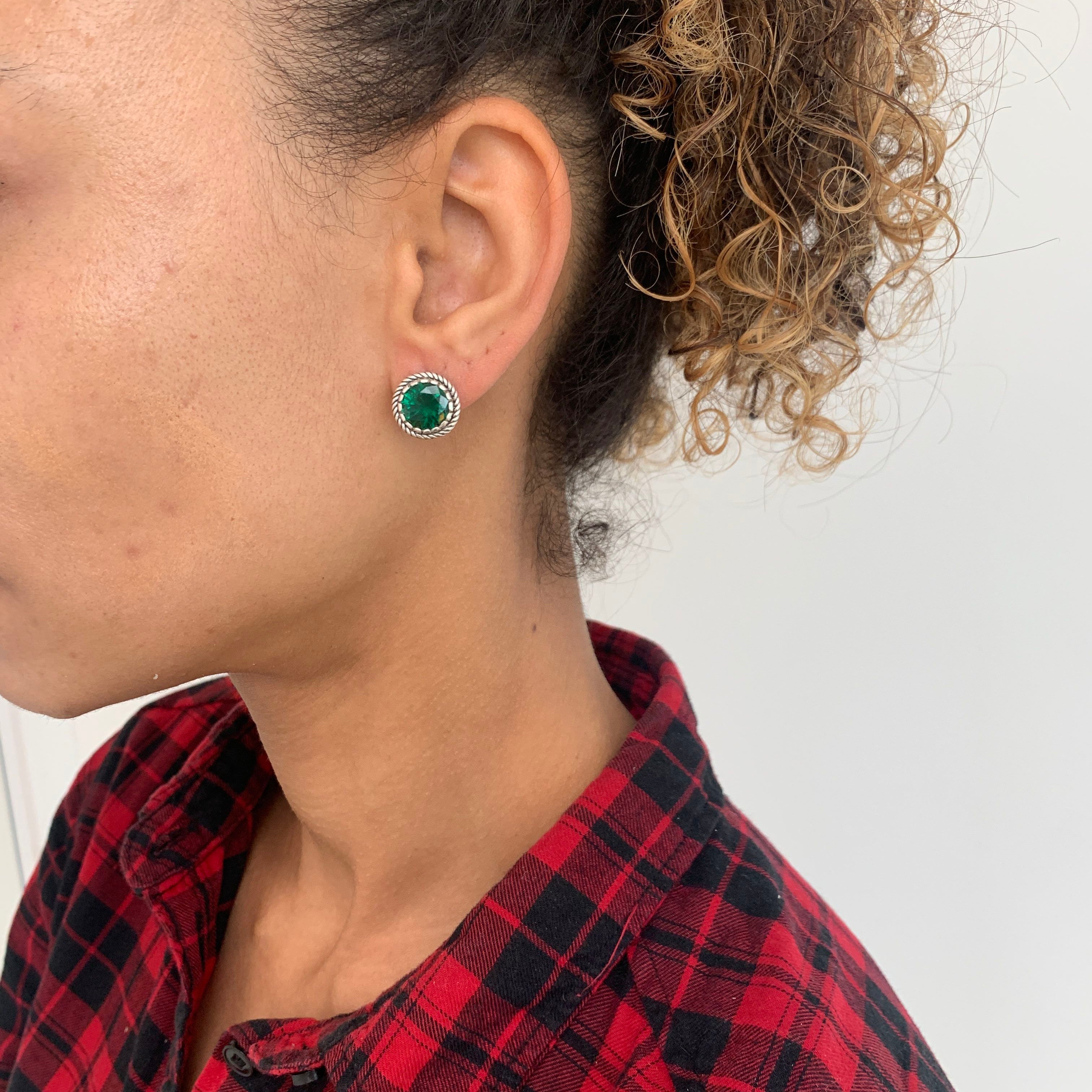 Elegant Created Emerald Earrings in 925 Sterling Silver, featuring a round green emerald, perfect for birthdays and special occasions.