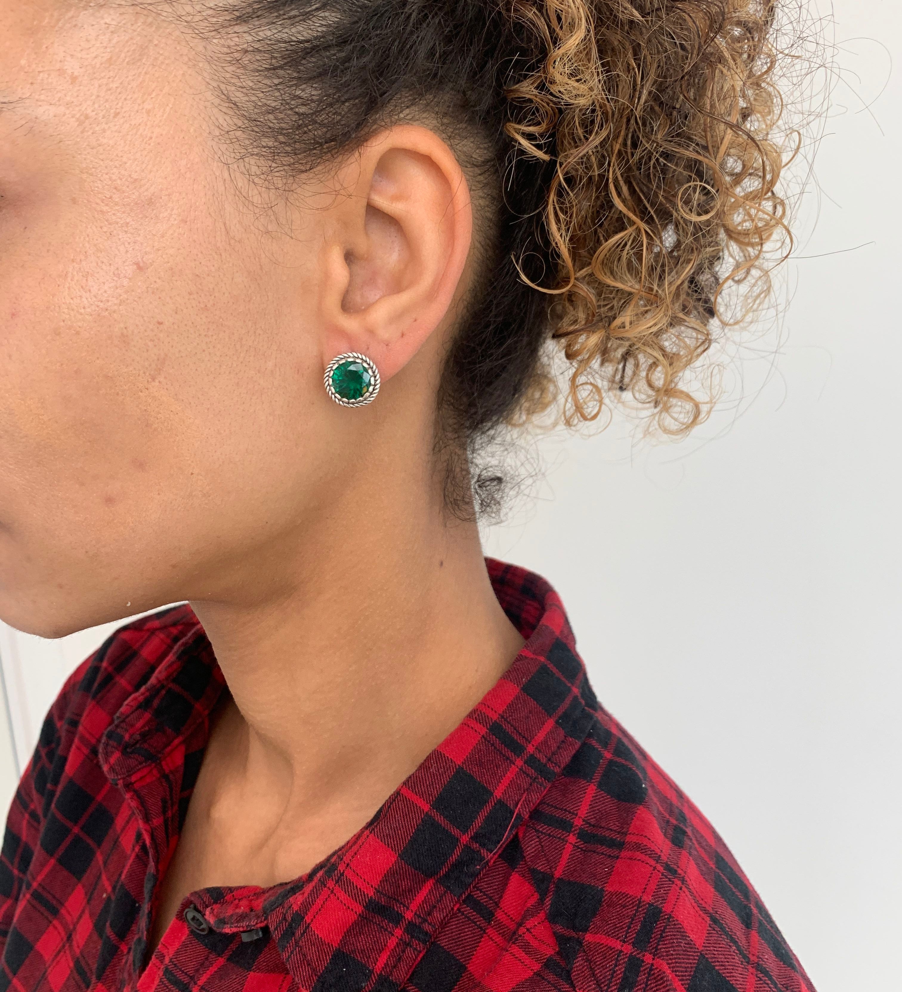 Elegant Created Emerald Earrings in 925 Sterling Silver, featuring a round green emerald, perfect for birthdays and special occasions.
