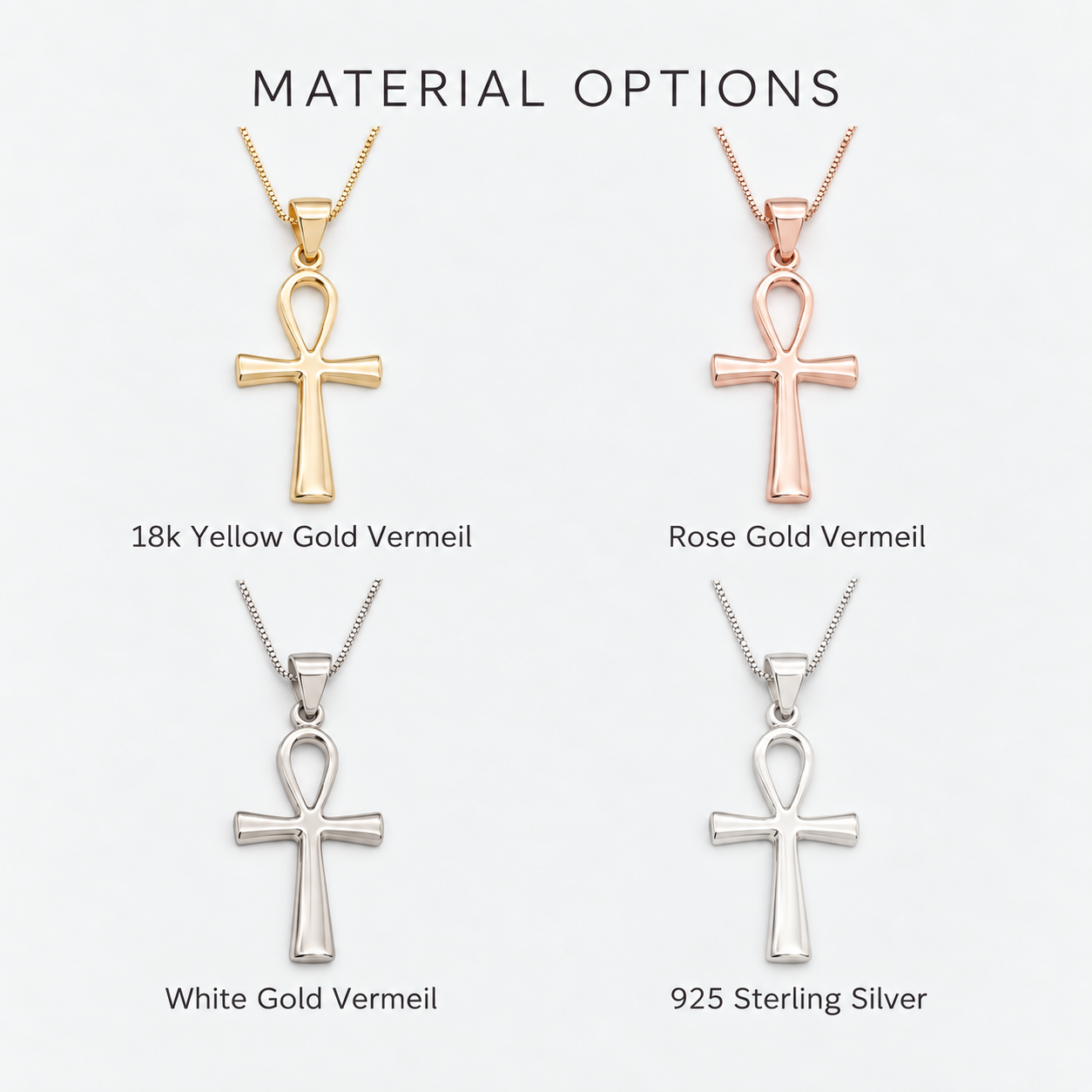 Adina Stone material options for 925 Sterling Silver, 18K Yellow Gold Vermeil, 18K White Gold Vermeil, 18K Rose Gold Vermeil.