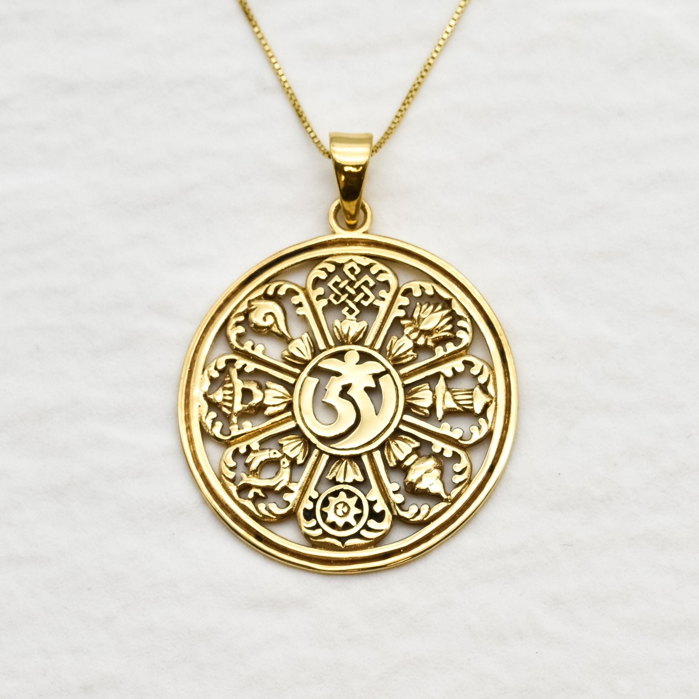 Gold Mandala Necklace - Spiritual Circle Necklace, Gold Ohm Pendant made in 18k Gold Vermeil. Ideal for everyday wear and perfect for birthday gifting and special occasions.