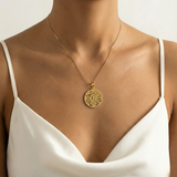 Gold Mandala Necklace showcasing a spiritual design, crafted in 18k Gold Vermeil for everyday elegance and special moments.