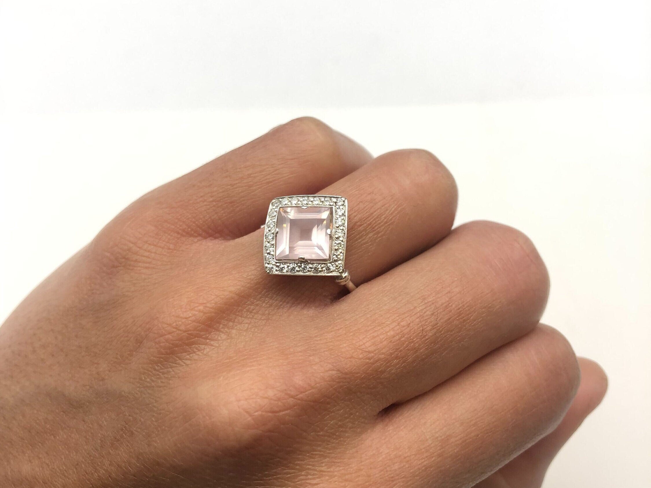 Rose Quartz Ring, Natural Rose Quartz, January Birthstone, Pink Square Ring, Princess Cut Ring, Pink Gemstone Ring, Love Ring, 925 Silver