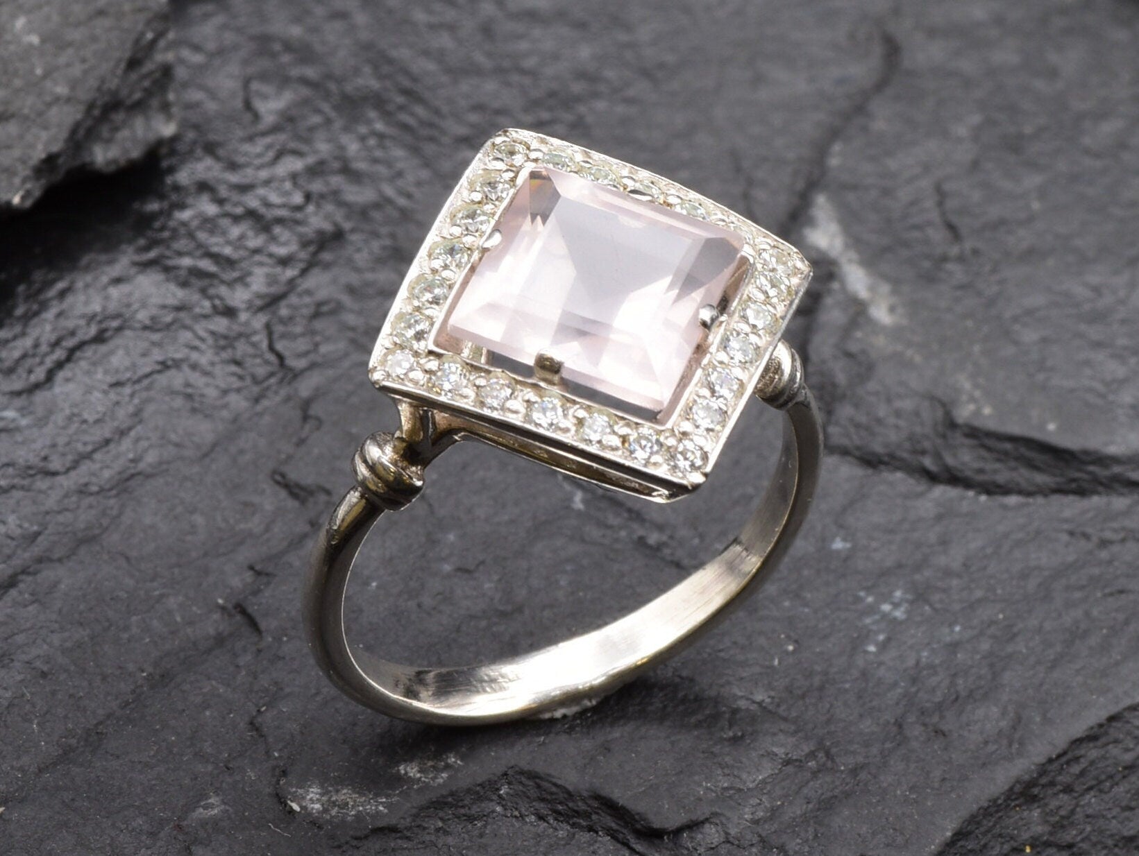 Rose Quartz Ring, Natural Rose Quartz, January Birthstone, Pink Square Ring, Princess Cut Ring, Pink Gemstone Ring, Love Ring, 925 Silver