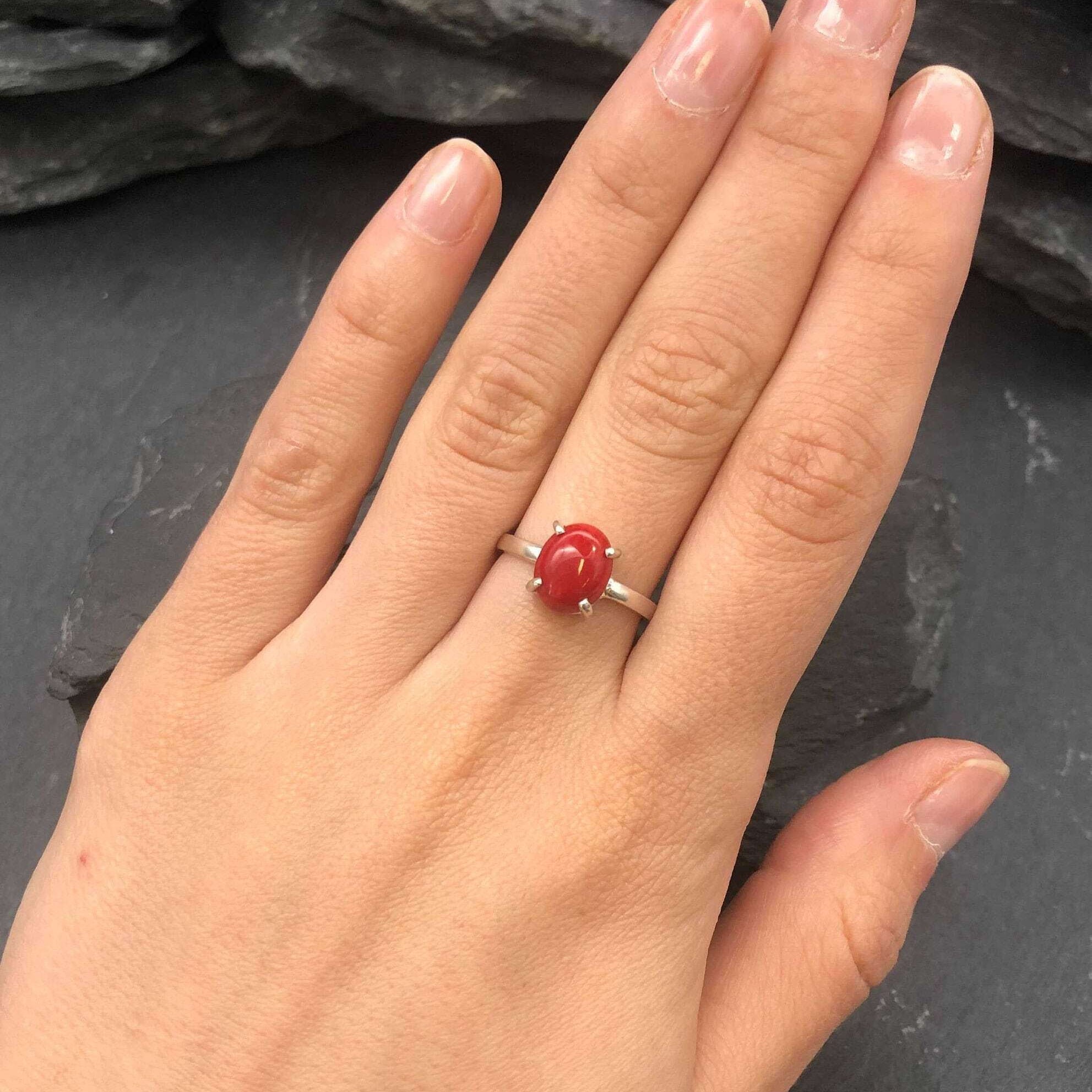 Red Coral Ring, Natural Coral, Solitaire Ring, Promise Ring, Simple Ring, Red Oval Ring, 3 Carat Ring, Proposal Ring, Solid Silver Ring