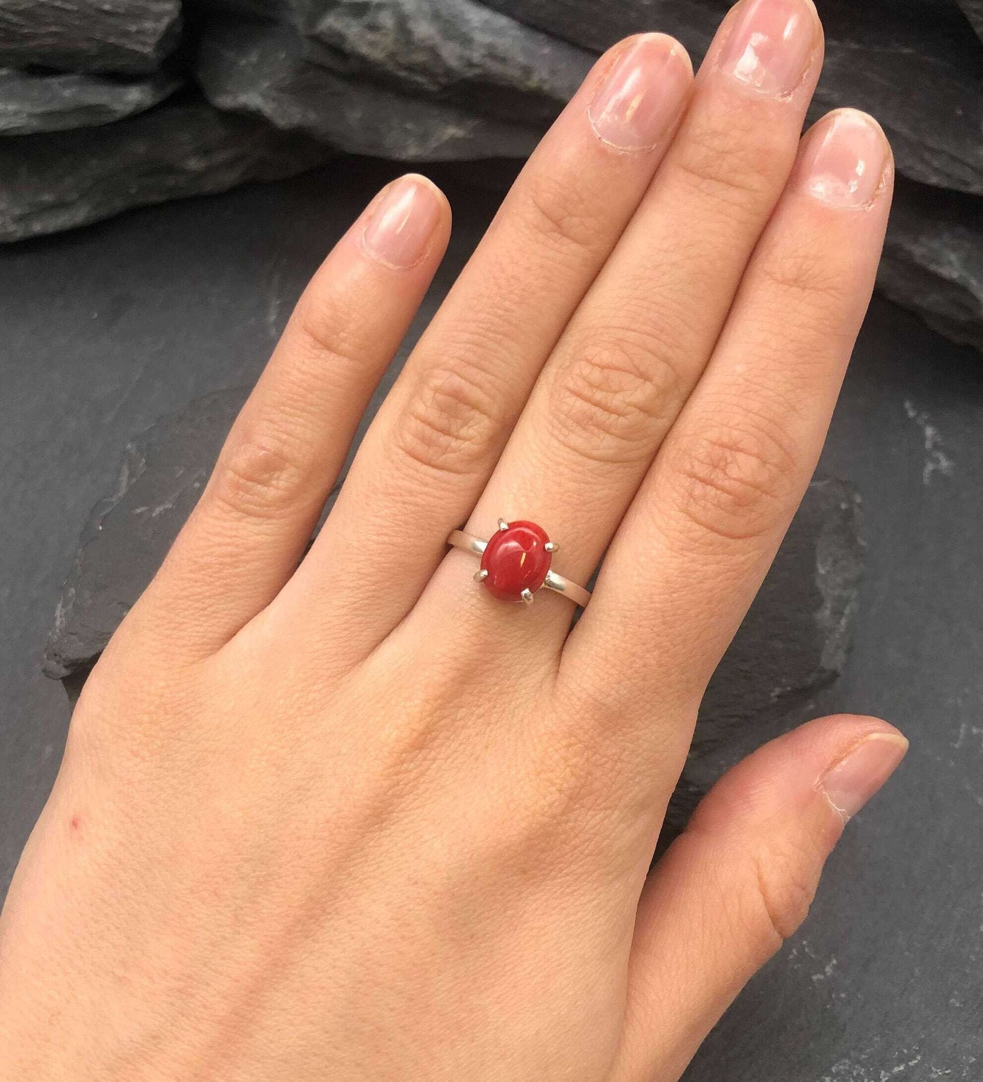 Red Coral Ring, Natural Coral, Solitaire Ring, Promise Ring, Simple Ring, Red Oval Ring, 3 Carat Ring, Proposal Ring, Solid Silver Ring