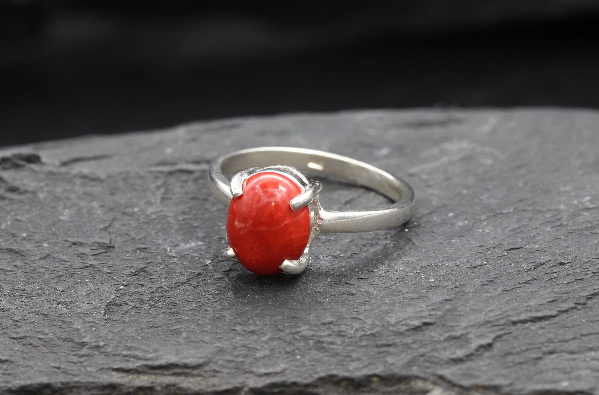 Red Coral Ring, Natural Coral, Solitaire Ring, Promise Ring, Simple Ring, Red Oval Ring, 3 Carat Ring, Proposal Ring, Solid Silver Ring