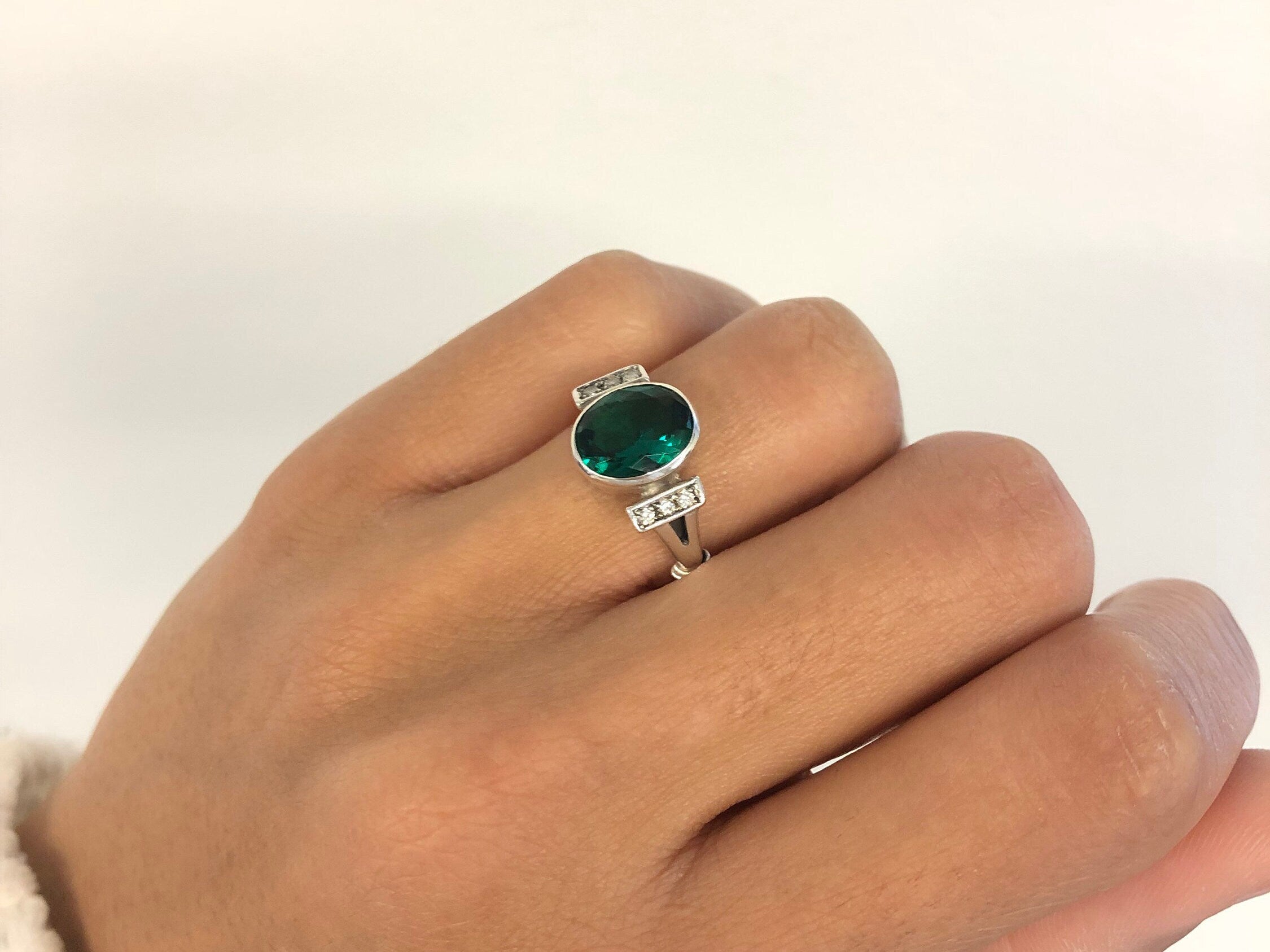 Emerald Ring, Created Emerald, Antique Ring, Green Vintage Ring, Promise Ring, 3 Carat Solitaire Ring, Proposal Ring, 925 Solid Silver Ring