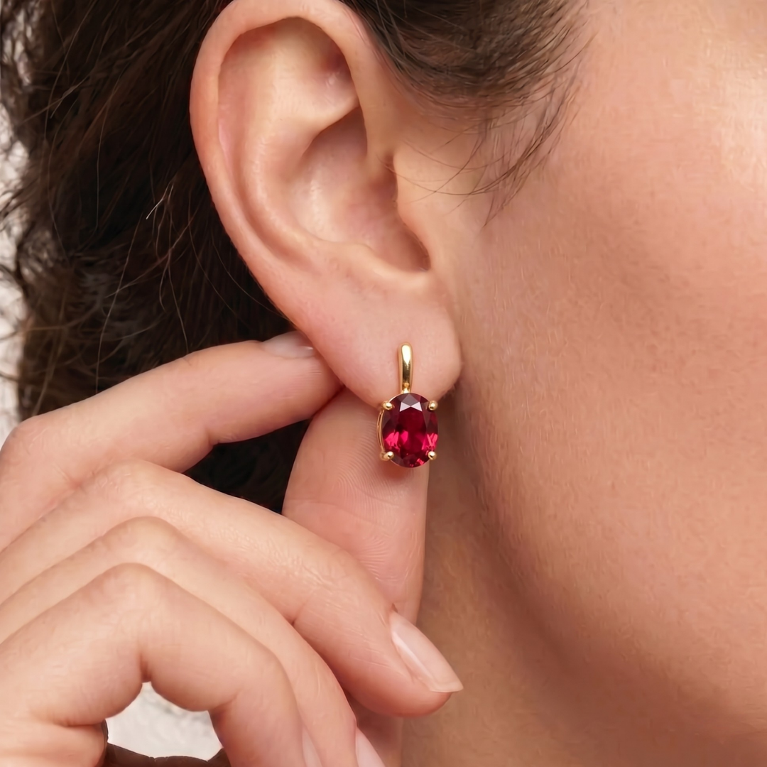 Ruby Earrings in 18k Gold Vermeil featuring Oval Created Ruby, symbolizing passion. Perfect birthday gift or everyday accessory.