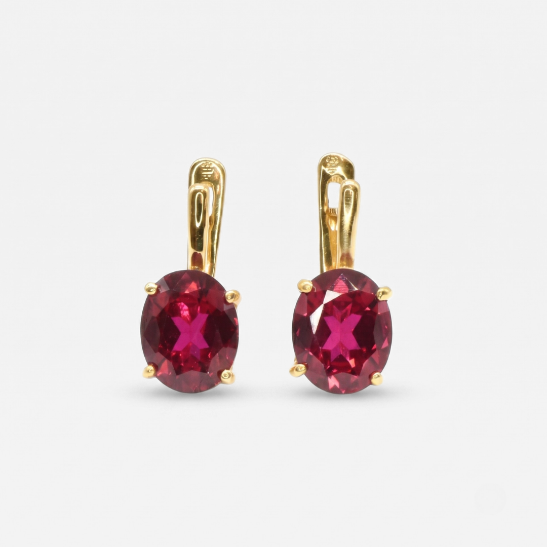 Created Ruby Earrings made in 18k Gold Vermeil with Oval Created Red Ruby in Prong setting, July Birthstone gift idea, symbolizes nobility, purity, and passion, ideal for everyday wear and perfect for birthday gifting and special occasions.