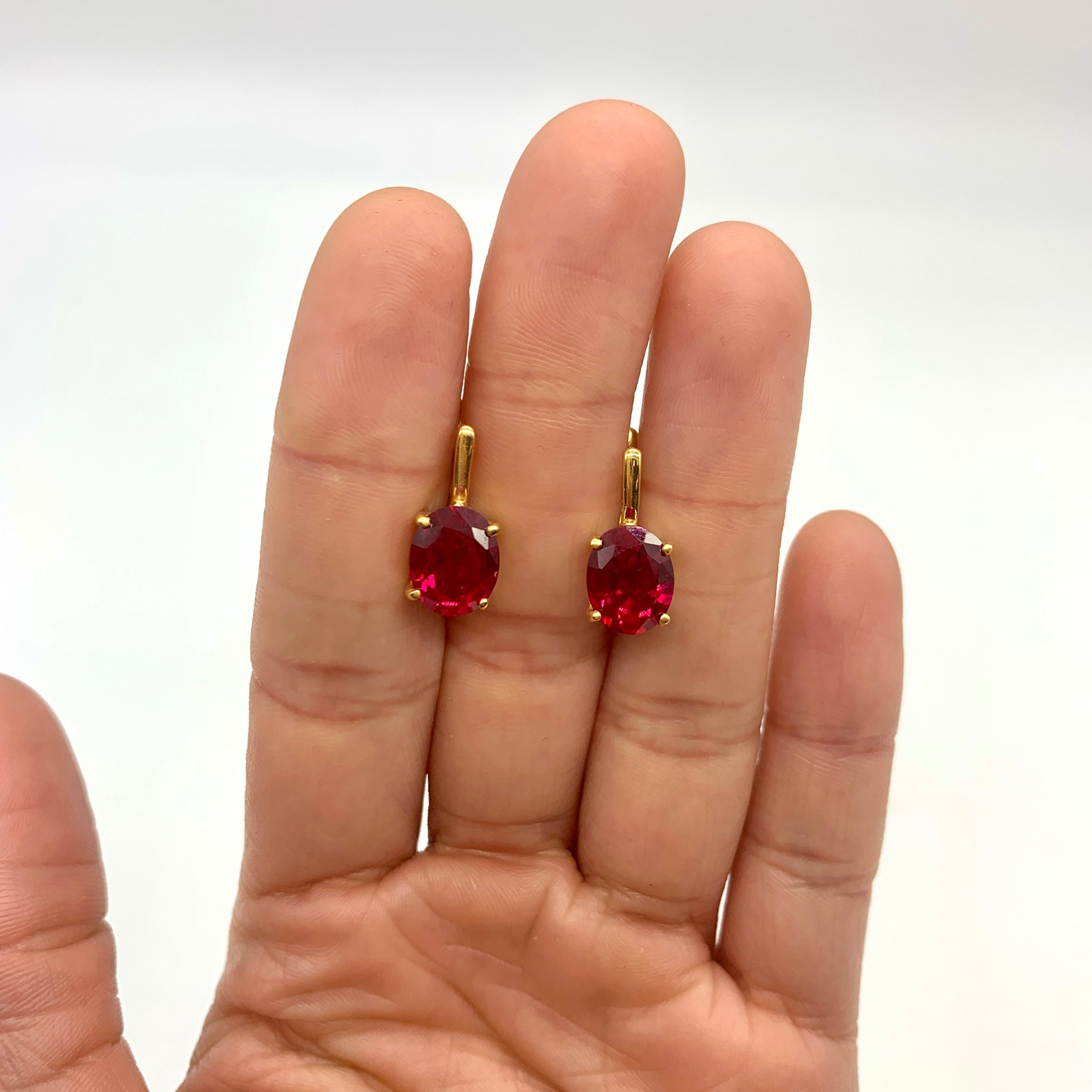 Ruby Earrings in 18k Gold Vermeil featuring Oval Created Ruby, symbolizing passion. Perfect birthday gift or everyday accessory.