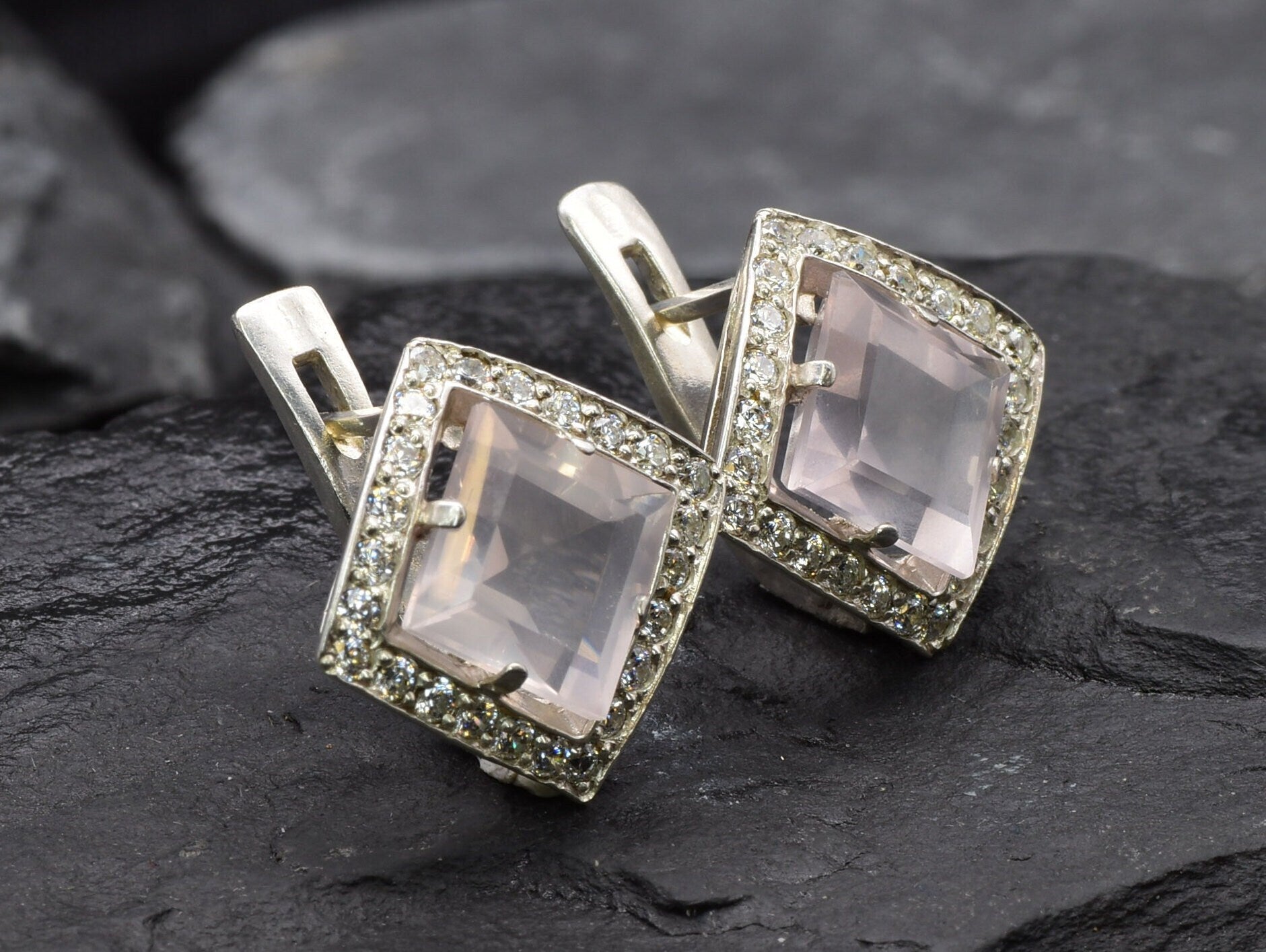 Rose Quartz Earrings, Natural Rose Quartz, January Birthstone, Square Earrings, Pink Earrings, Vintage Earrings, Sterling Silver Earrings
