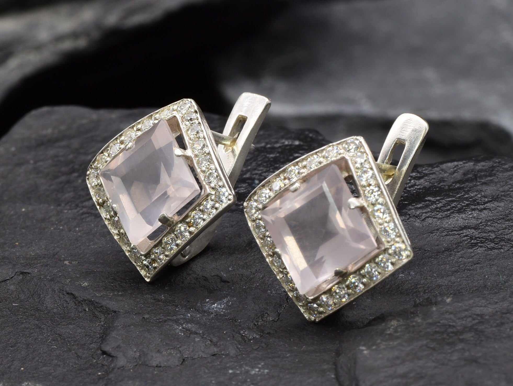 Rose Quartz Earrings, Natural Rose Quartz, January Birthstone, Square Earrings, Pink Earrings, Vintage Earrings, Sterling Silver Earrings