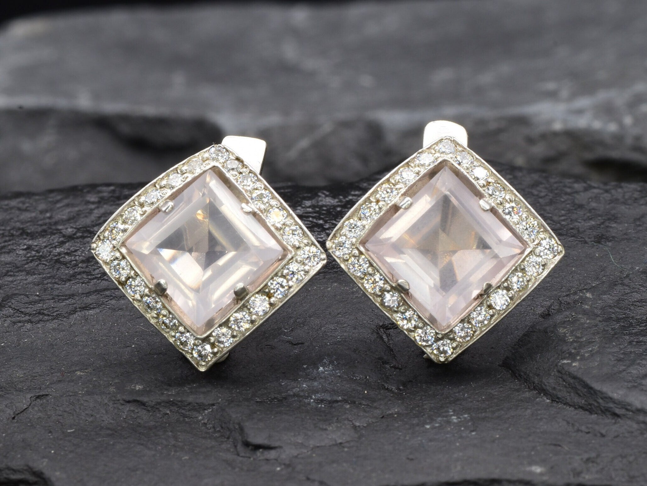 Rose Quartz Earrings, Natural Rose Quartz, January Birthstone, Square Earrings, Pink Earrings, Vintage Earrings, Sterling Silver Earrings