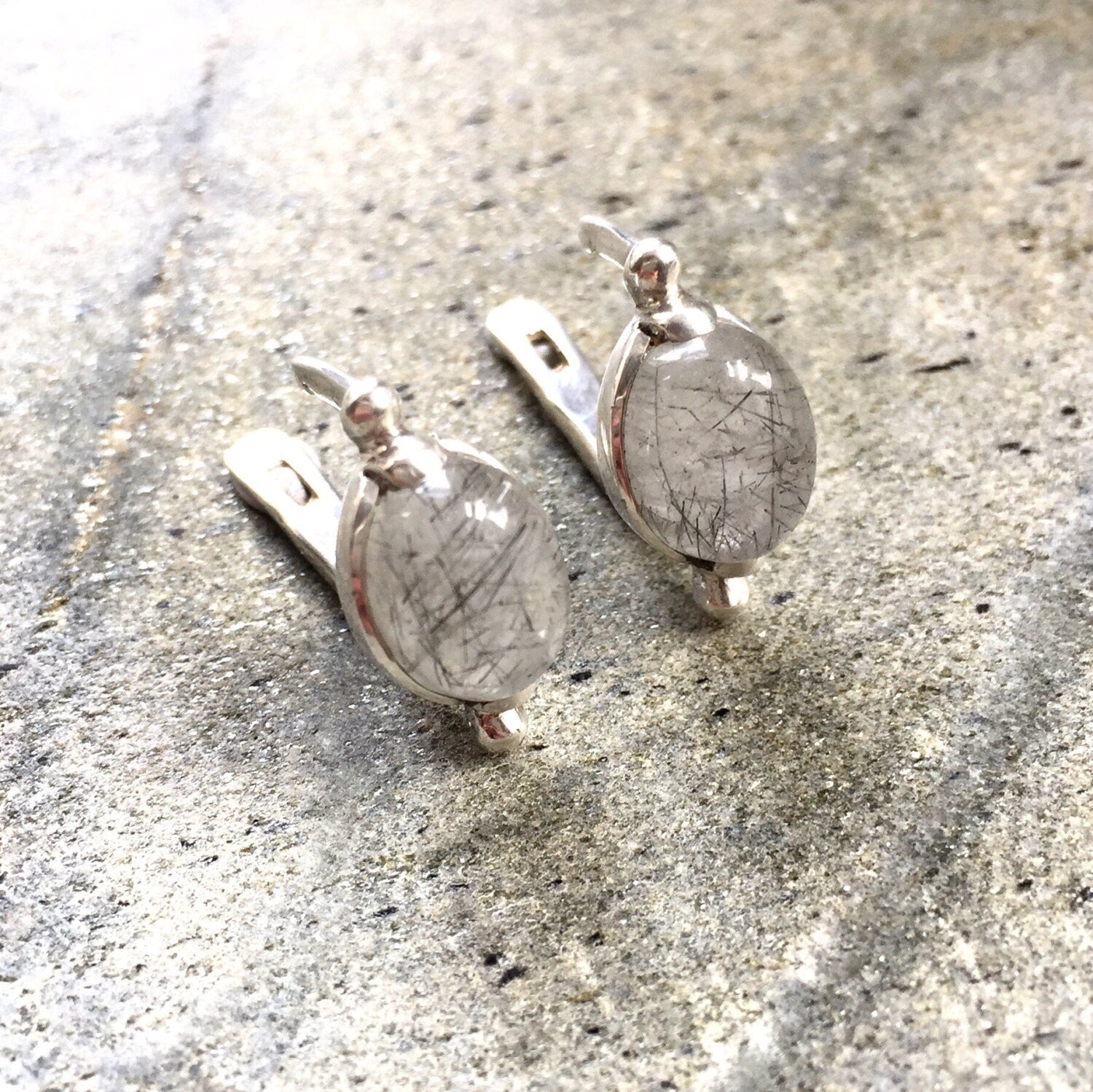 Quartz Earrings, Rutilated Quartz, August Birthstone, Dainty Oval Earrings, Vintage Earrings, Black Rutilated Quartz, Solid Silver Earrings