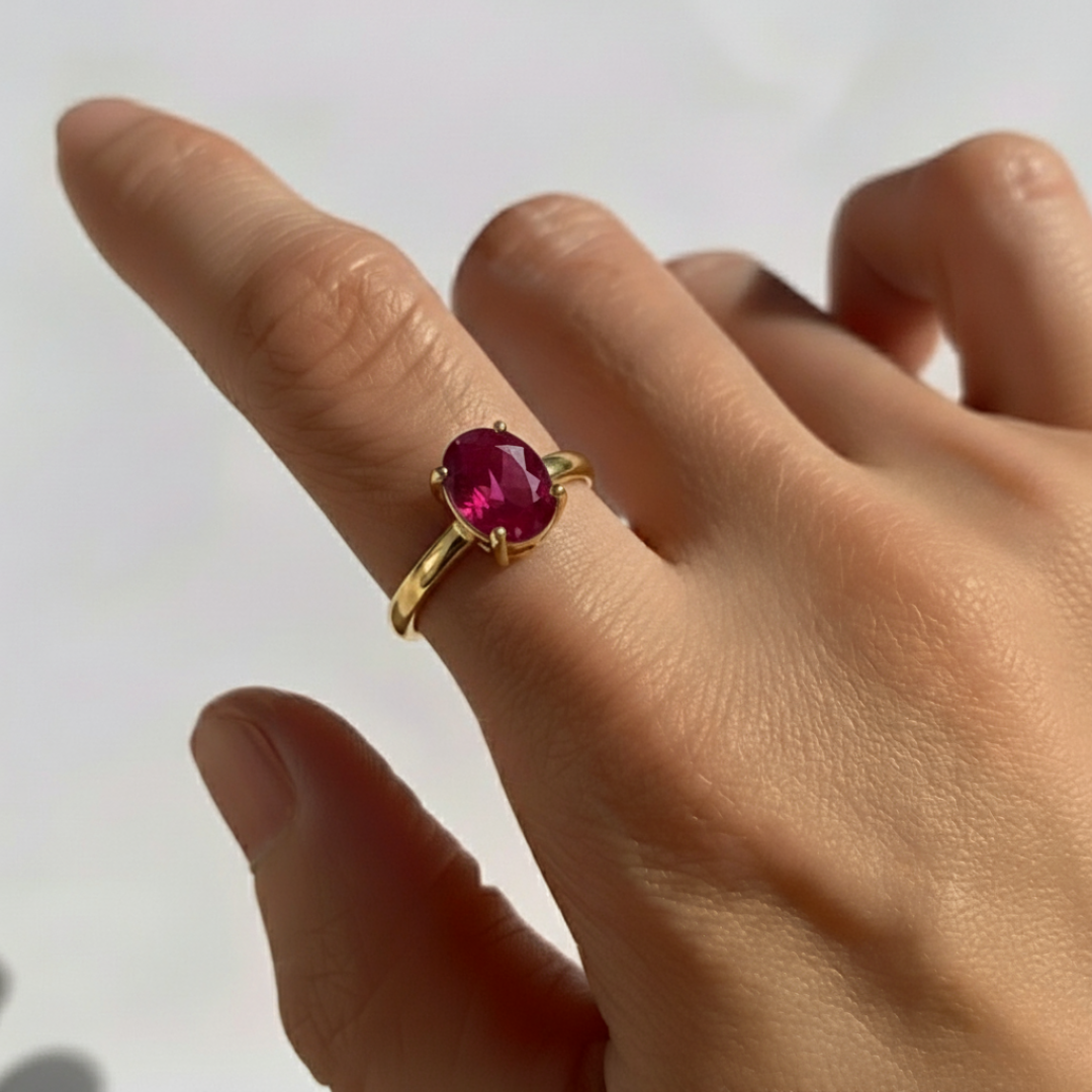 18k Gold Vermeil Ruby Ring with Oval Created Red Ruby, symbolizing nobility and passion, perfect for birthdays and special occasions.