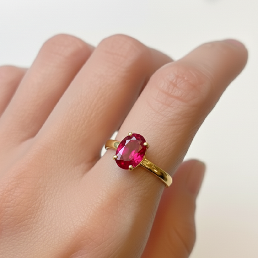 Elegant Created Ruby Ring in 18k Gold Vermeil, symbolizing passion and purity, a timeless piece for everyday elegance and gifting.