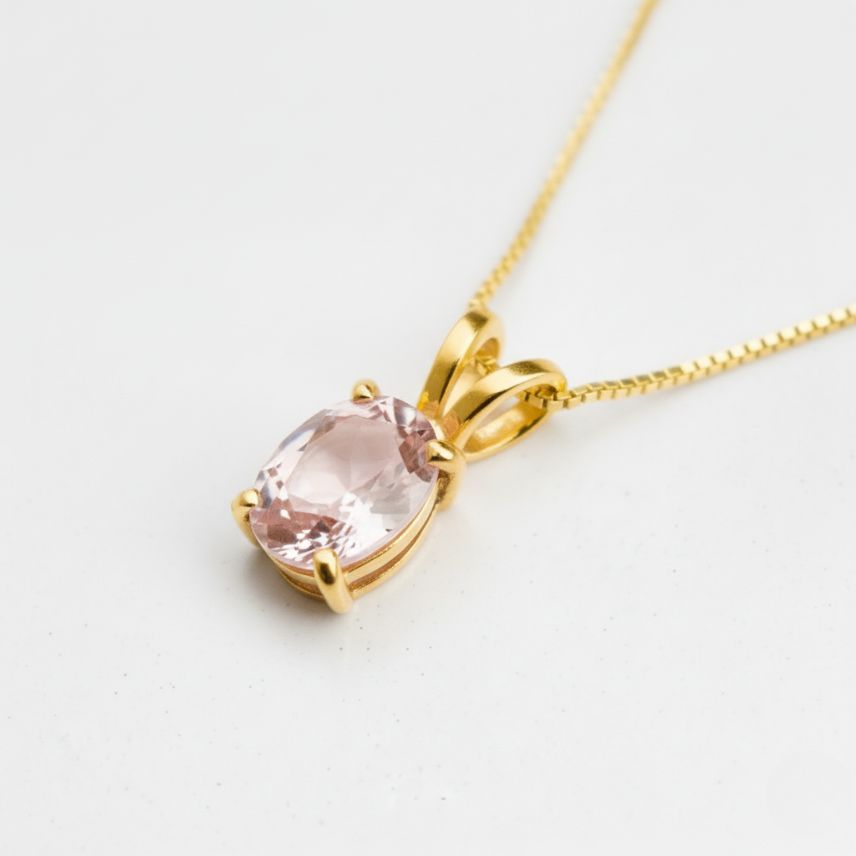 Women’s gold morganite necklace with faceted oval created morganite, minimalist gemstone pendant