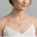 An elegant gemstone necklace displayed on a wooden surface, cast in soft natural light highlighting its brilliance.