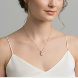 An elegant gemstone necklace displayed on a wooden surface, cast in soft natural light highlighting its brilliance.
