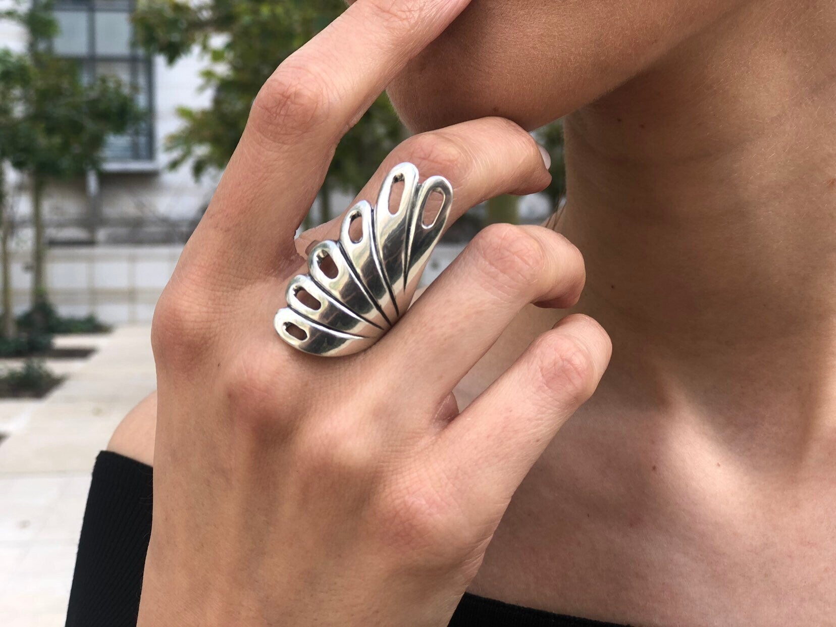 Long Silver Ring, Peacock Ring, Statement Ring, Artisan Ring, Silver Feather Ring, Leaf Ring, Heavy Ring, Artistic Ring, Solid Silver Ring
