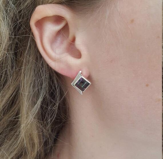 Asymmetric Earrings, Square Earrings, Created Diamond Earrings, Artisan Earrings, Diamond Earrings, Sharp Earrings, Solid Silver Earrings