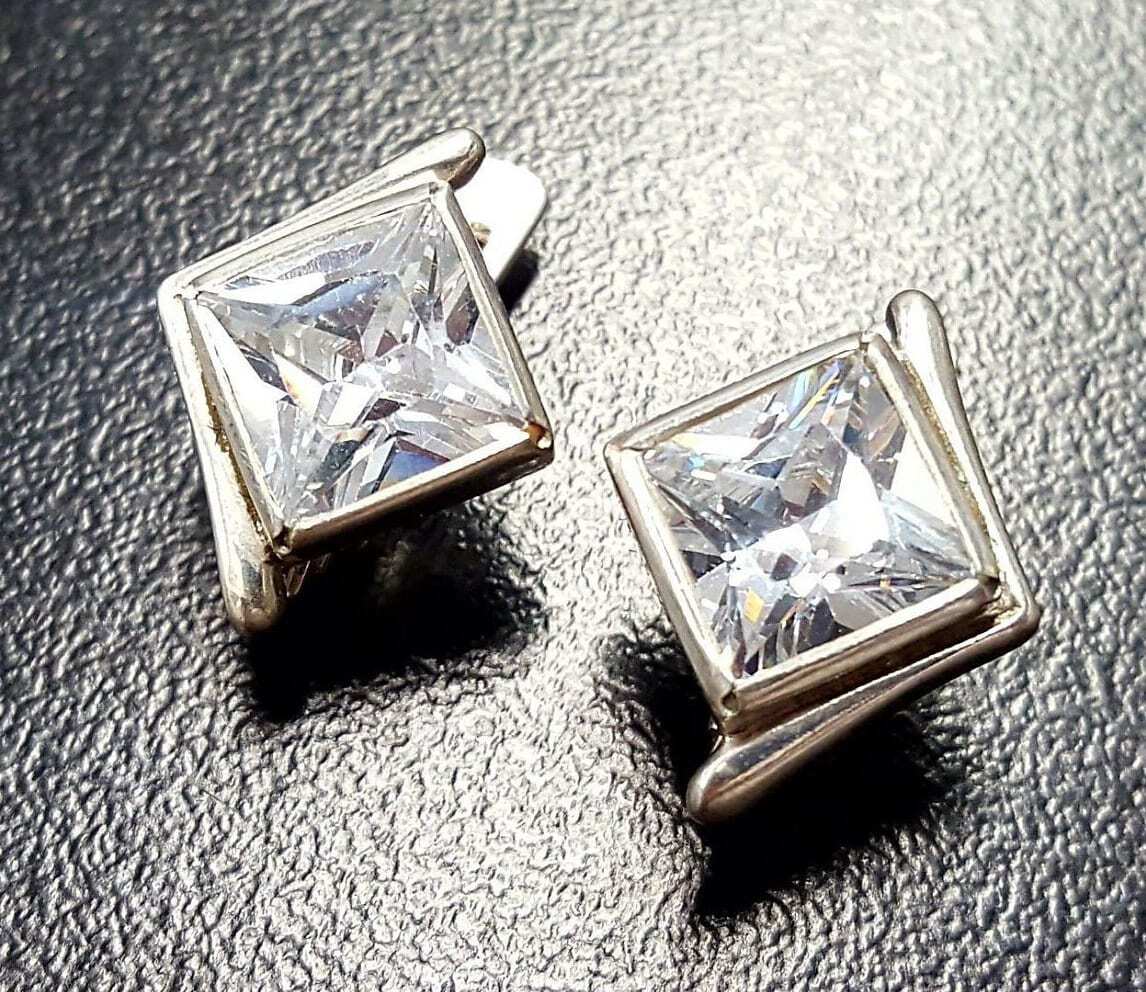 Asymmetric Earrings, Square Earrings, Created Diamond Earrings, Artisan Earrings, Diamond Earrings, Sharp Earrings, Solid Silver Earrings