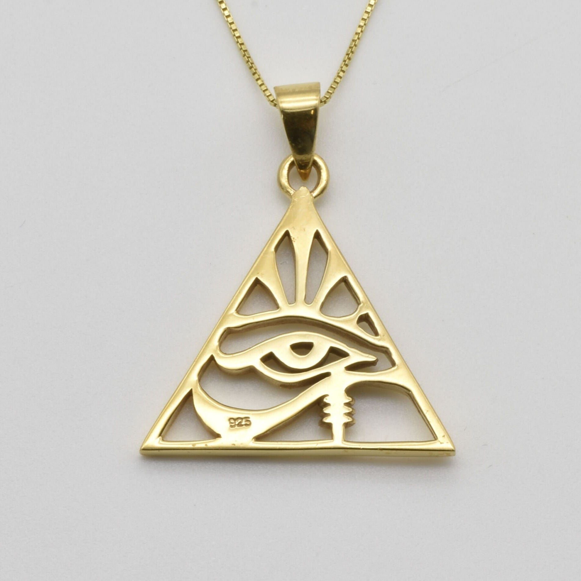 Gold Egyptian Eye Pendant - Unique pyramid eye design in 18k Gold Vermeil, a chic statement piece for everyday elegance.
