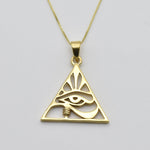 Gold Egyptian Eye Pendant - Pyramid Eye Pendant, Gold Eye Necklace made in 18k Gold Vermeil. Ideal for everyday wear and perfect for birthday gifting and special occasions.