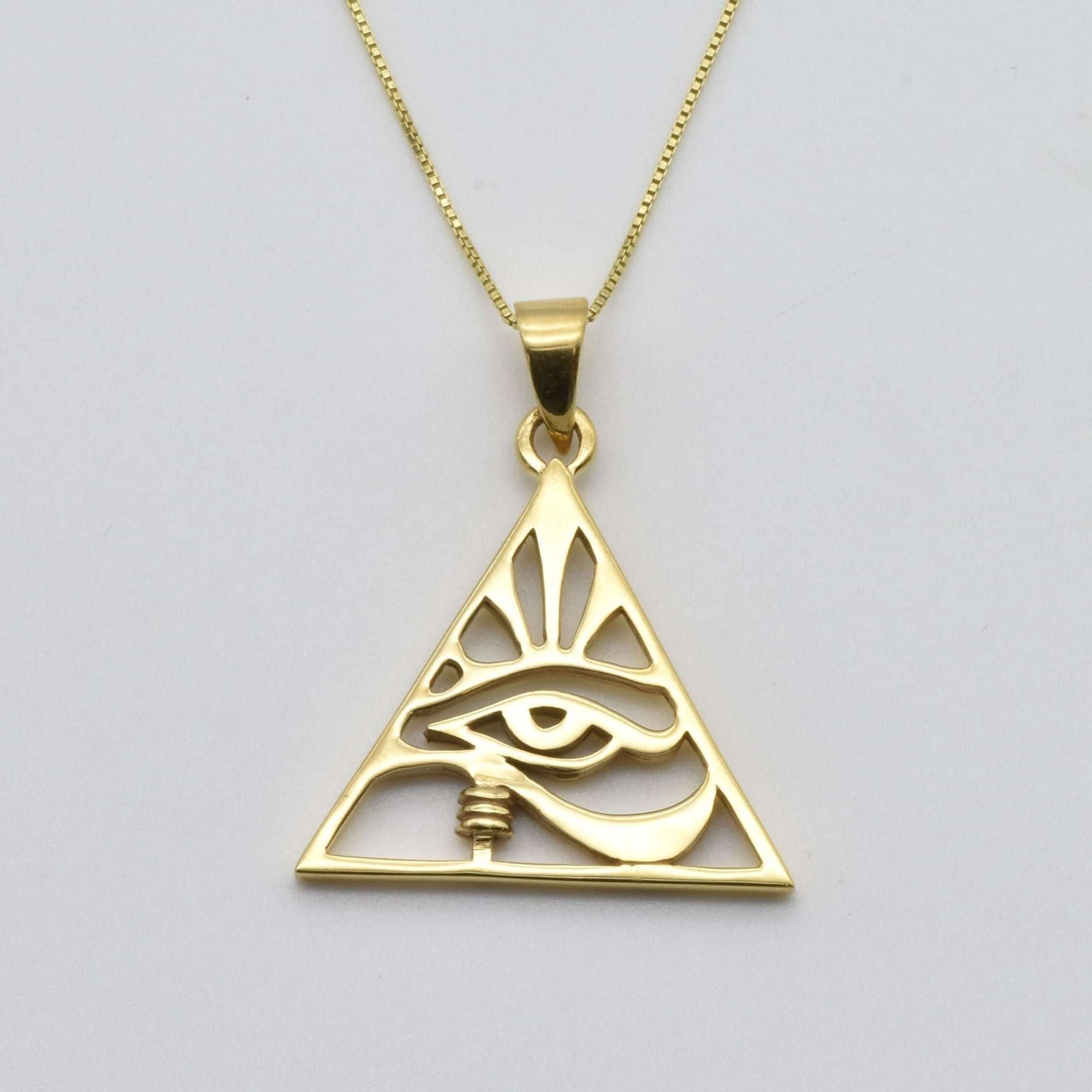 Gold Egyptian Eye Pendant - Pyramid Eye Pendant, Gold Eye Necklace made in 18k Gold Vermeil. Ideal for everyday wear and perfect for birthday gifting and special occasions.