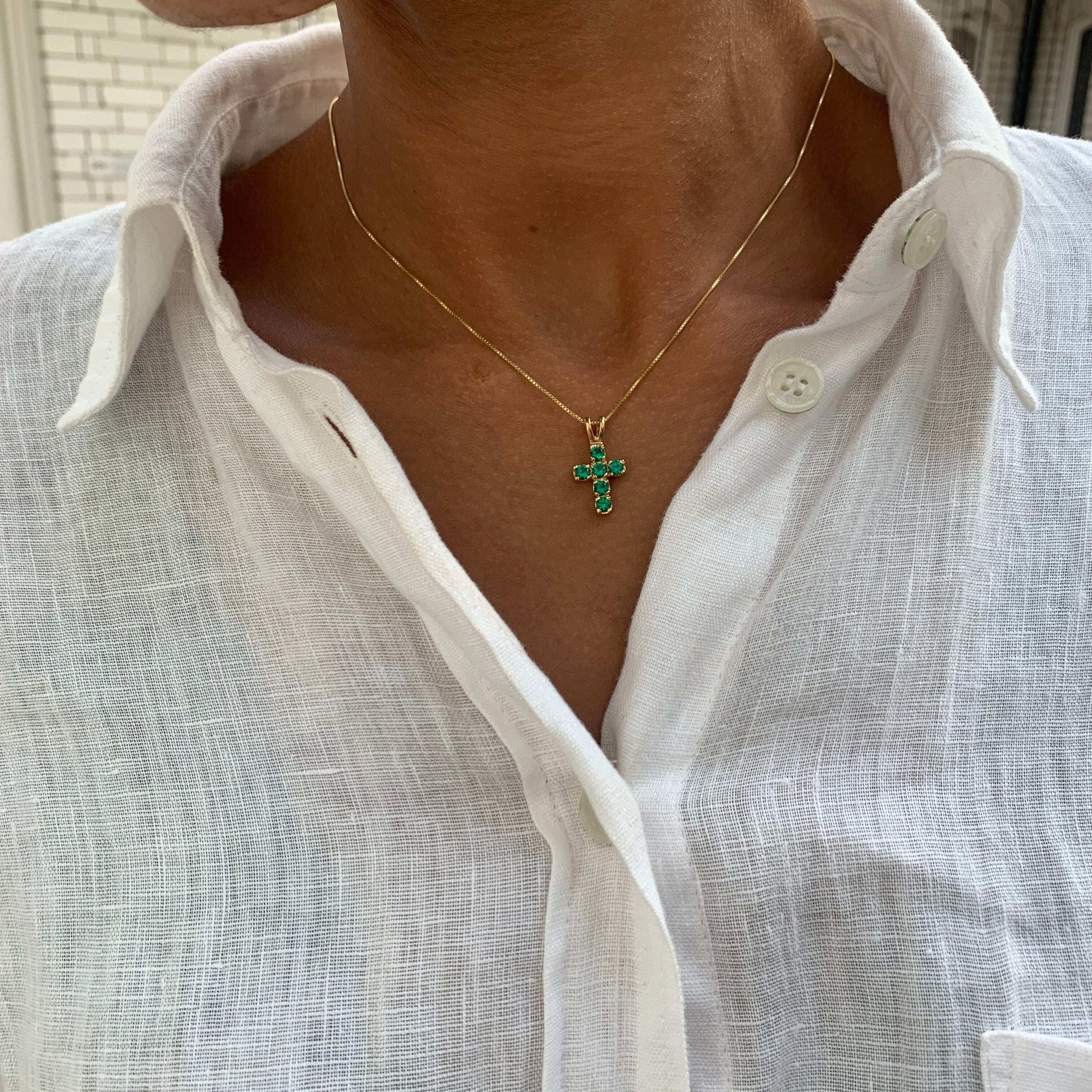 Elegant 18k Gold Vermeil Emerald Pendant featuring a round Created Green Emerald, perfect for May birthdays and special occasions.